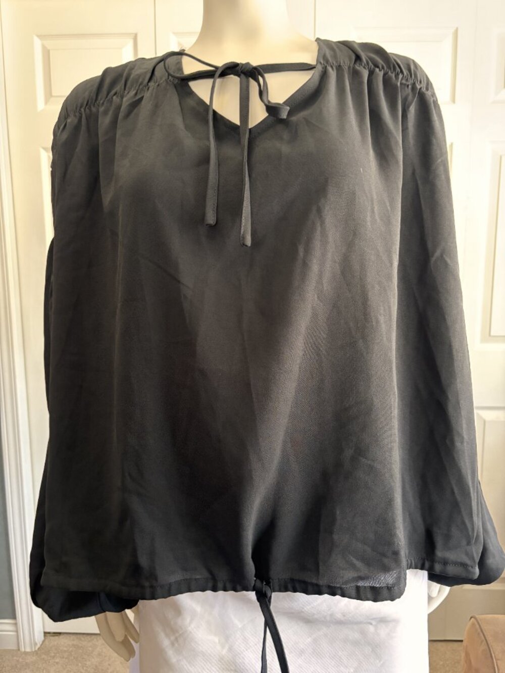 NWT Curlbiuty Black Peasant Blouse Size Large Puff Sleeve Tie Neck Top